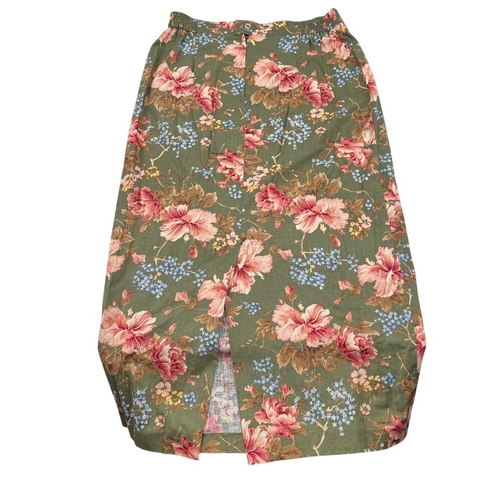 Vintage Willowbend Floral Midi Skirt Size 16 Green‎ Pink & Blue Flowers Linen